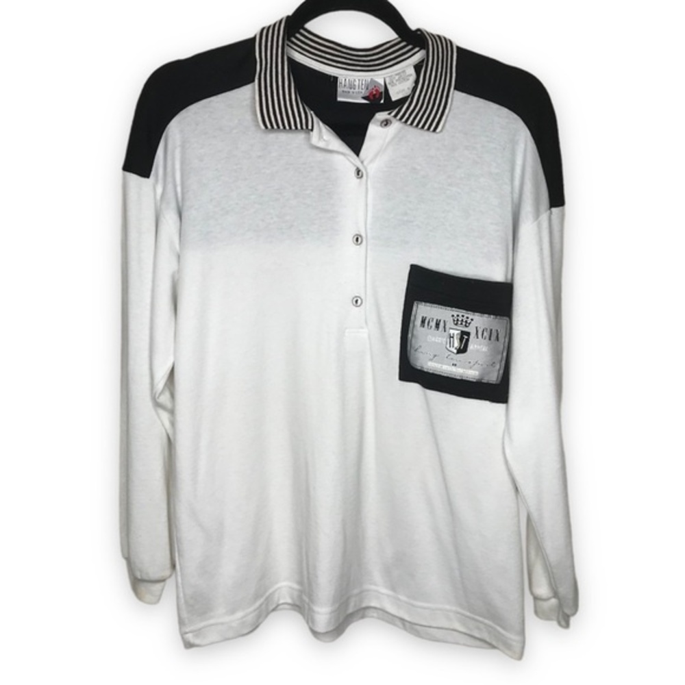Vintage Hang Ten Long Sleeve Polo Style Black White Pullover Surf Skate Small